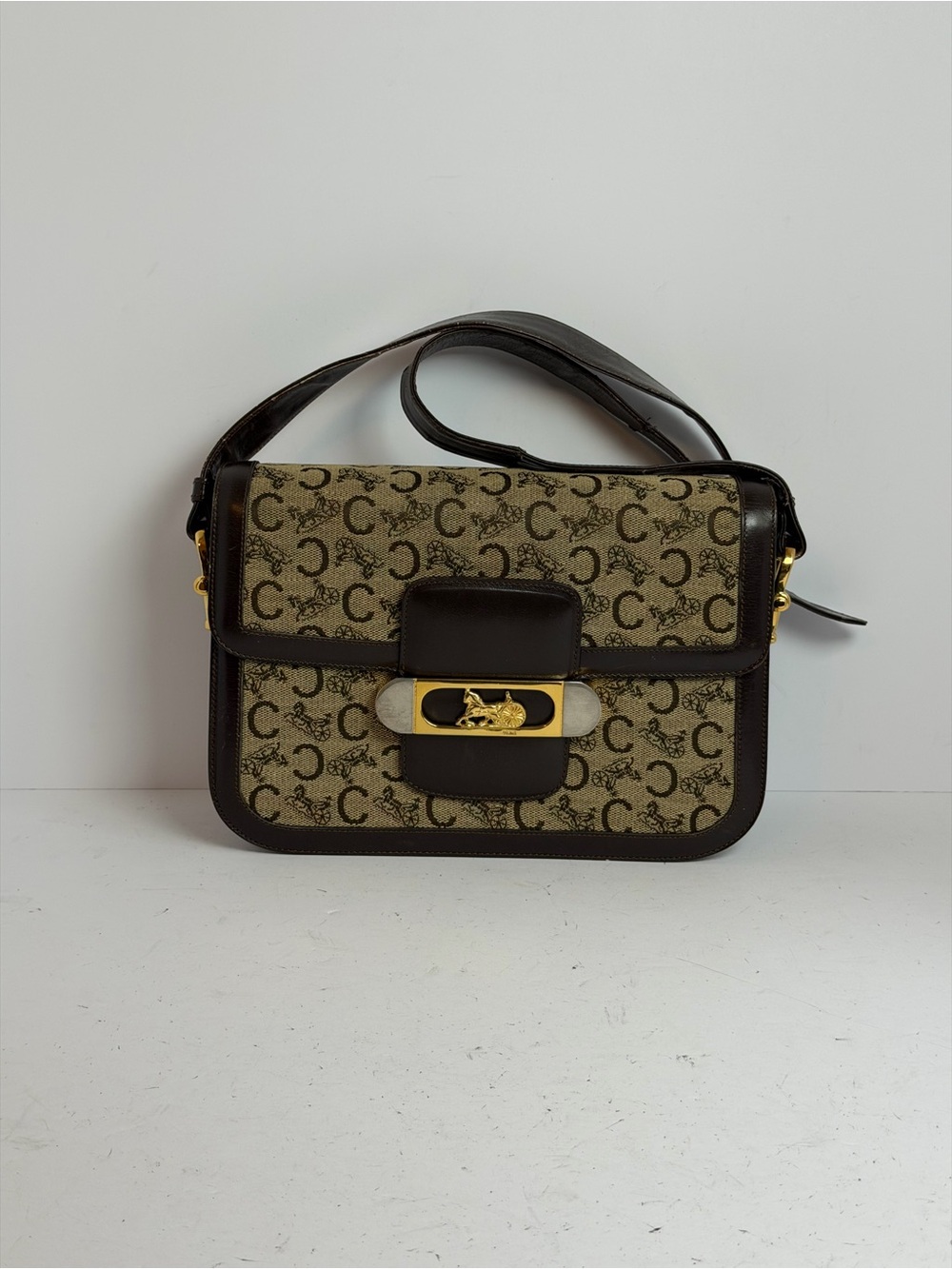 Vintage Celine Macadam Canvas Iconic Carriage Logo Leather Trim Shoulder Bag